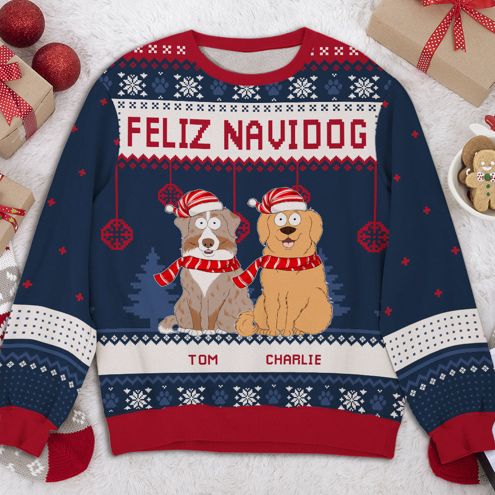 Feliz Navidog 2 - Personalized Custom All-Over-Print Unisex 8.8 oz Polyester Blend Holiday Sweatshirt for Dog Lovers