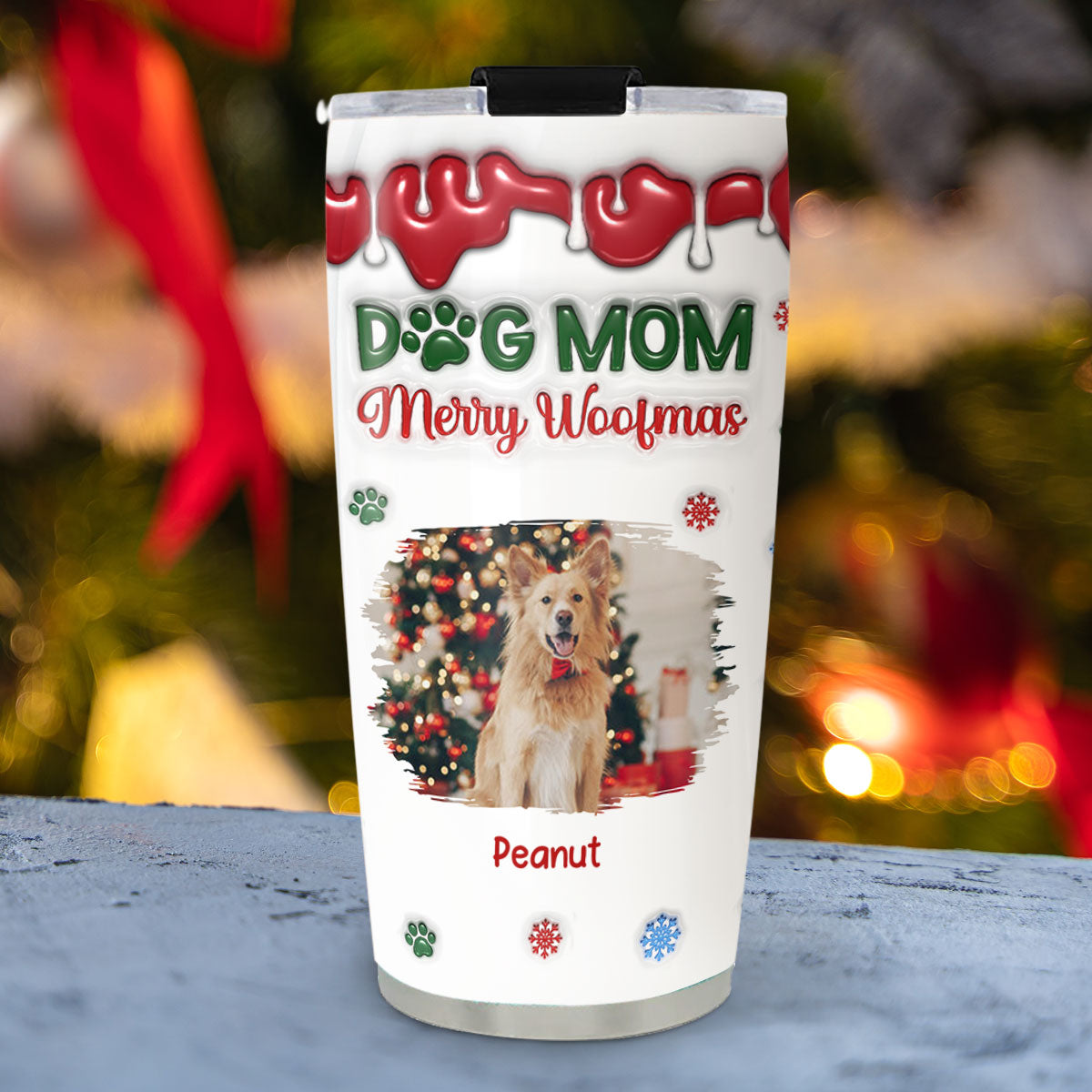 Merry Woofmas Personalized Custom 3D Inflated Effect Tumbler - Upload Photo for My Dog Mom Version