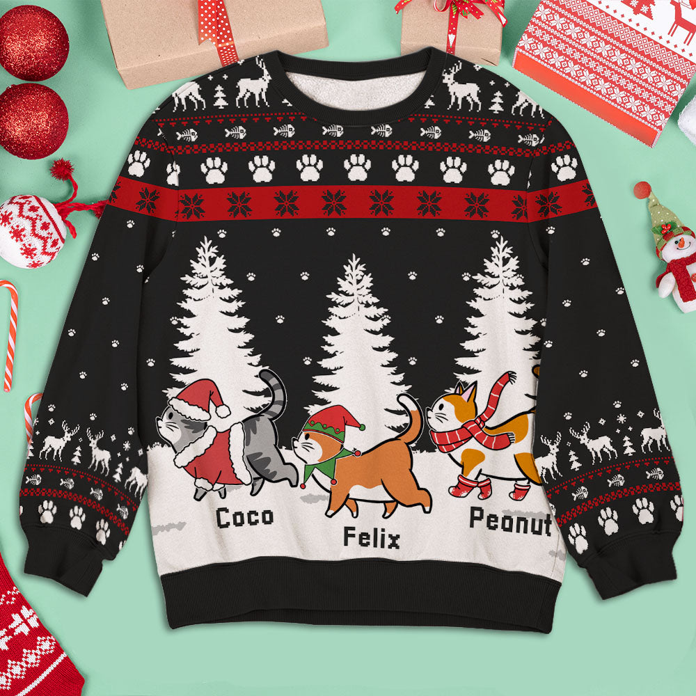 Christmas Cat Walking - Customizable Personalized All-Over-Print Kids' Sweatshirt for a Trendy Holiday Look
