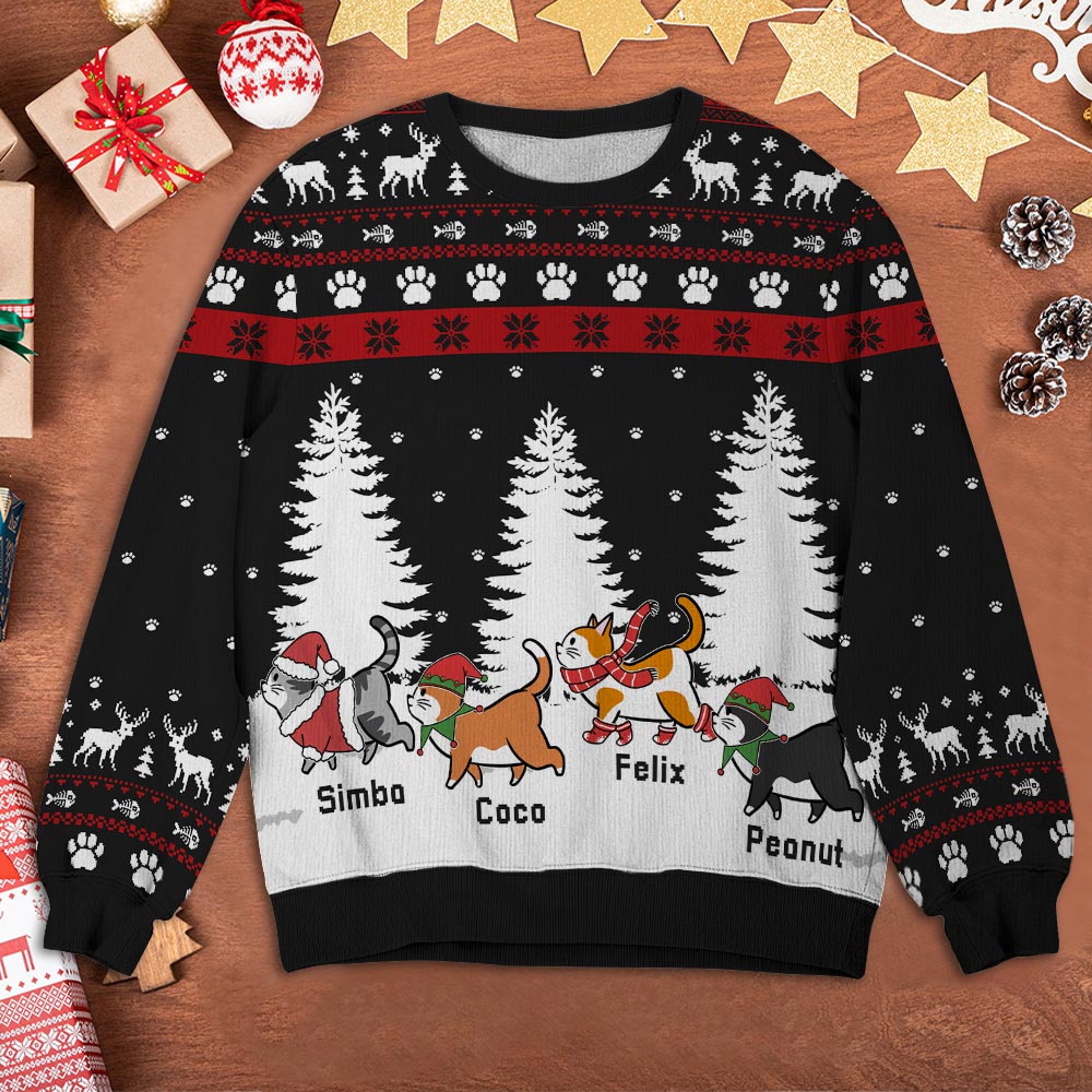 Unique Personalized Custom All-Over-Print Christmas Cat Walking Sweatshirt - Perfect Gift for Pet Lovers