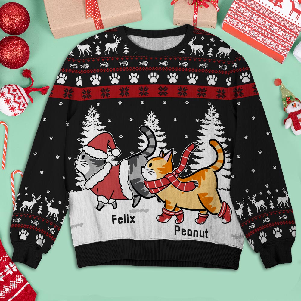 Unique Personalized Custom All-Over-Print Christmas Cat Walking Sweatshirt - Perfect Gift for Pet Lovers