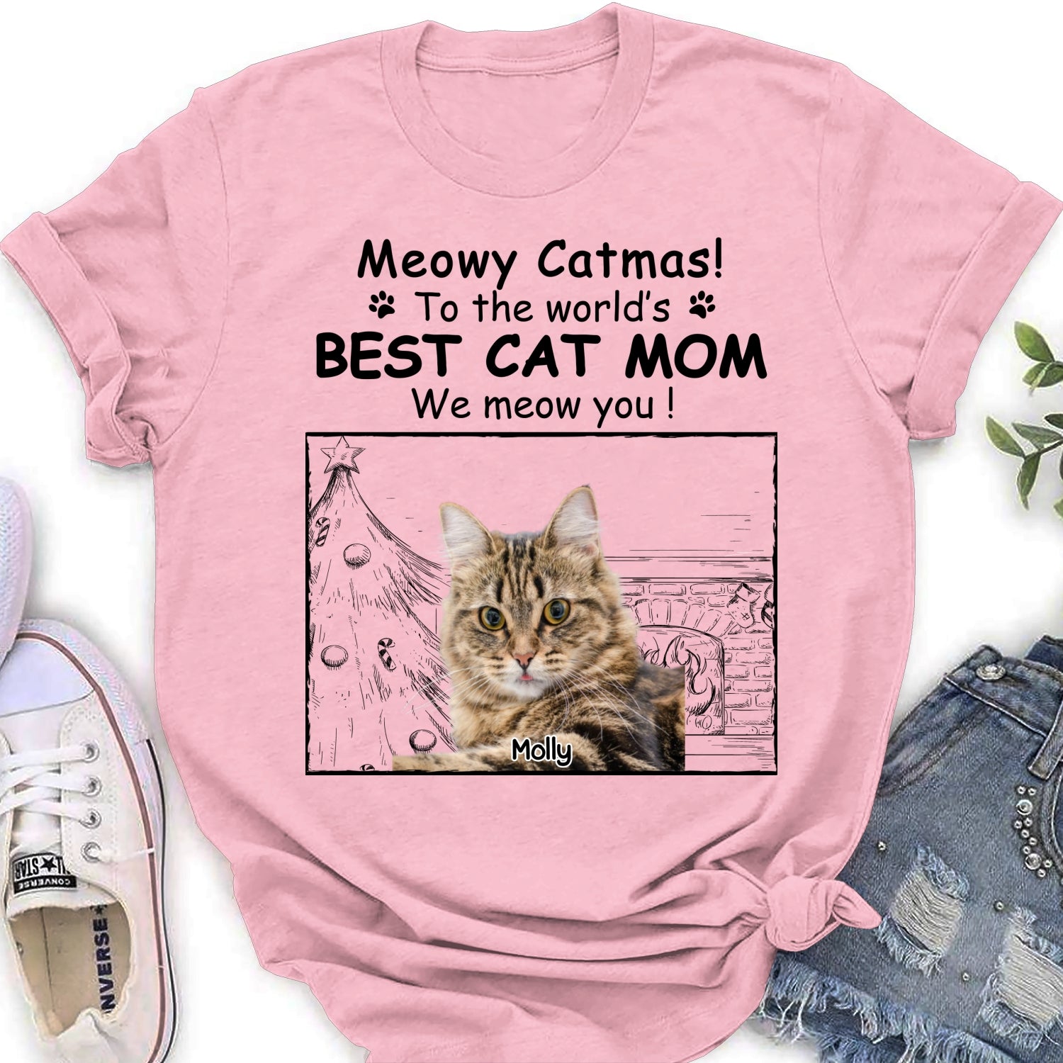 Top-Rated Personalized Custom Women's Christmas Cat Mom Photo T-shirt