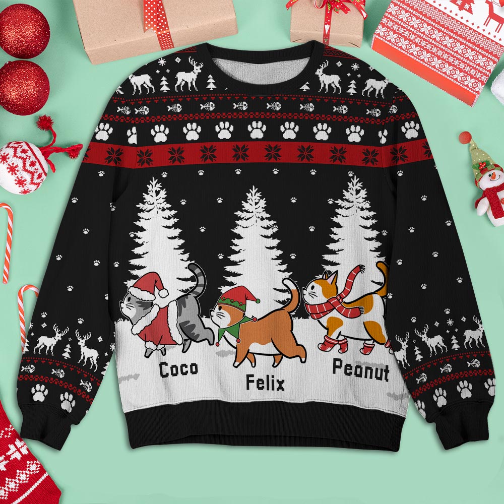 Unique Personalized Custom All-Over-Print Christmas Cat Walking Sweatshirt - Perfect Gift for Pet Lovers