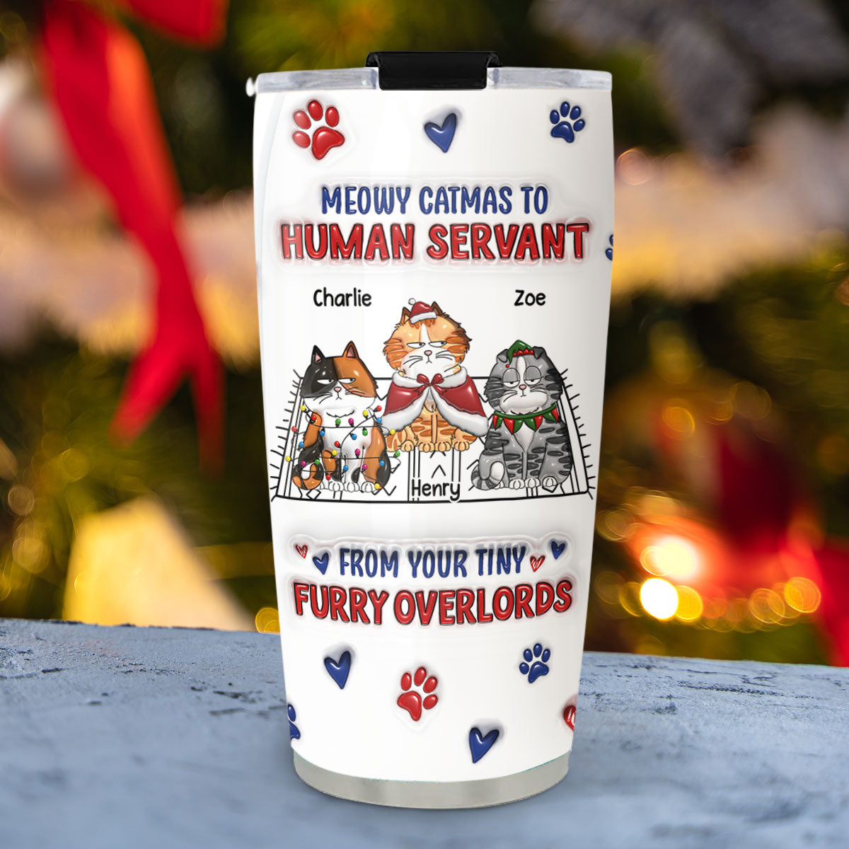 Meowy Catmas To Human Servant Ver 2 - Personalized 3D Inflated Effect Custom Tumbler with High - Quality Stainless Steel and Long - Lasting Temperature Retention