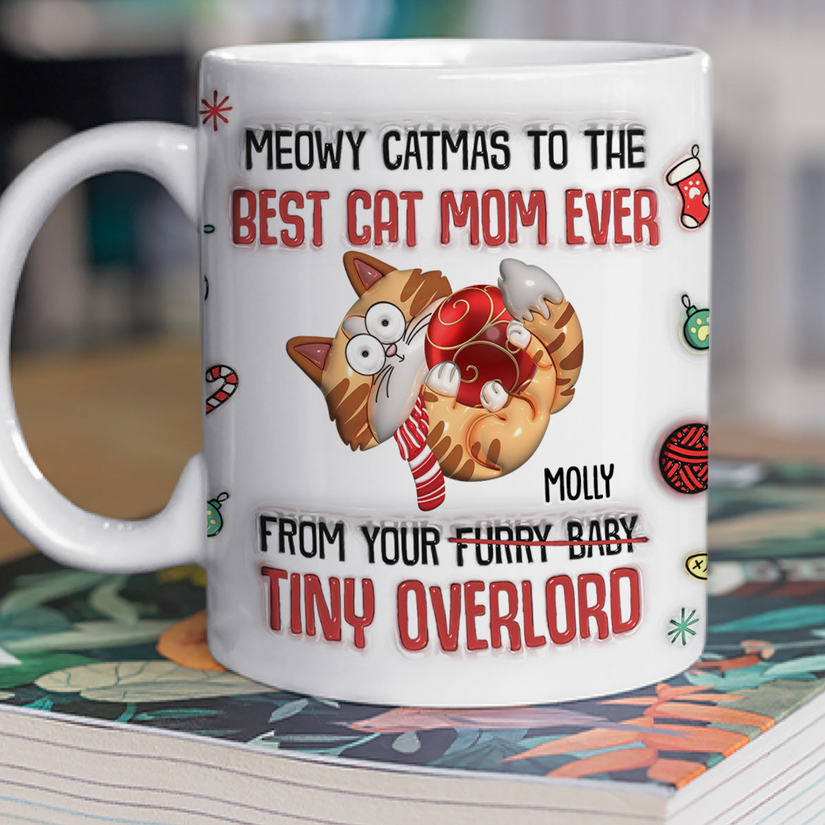 Meowy Catmas Special Personalized Custom 3D Inflated Effect Mug for the Best Cat Dad
