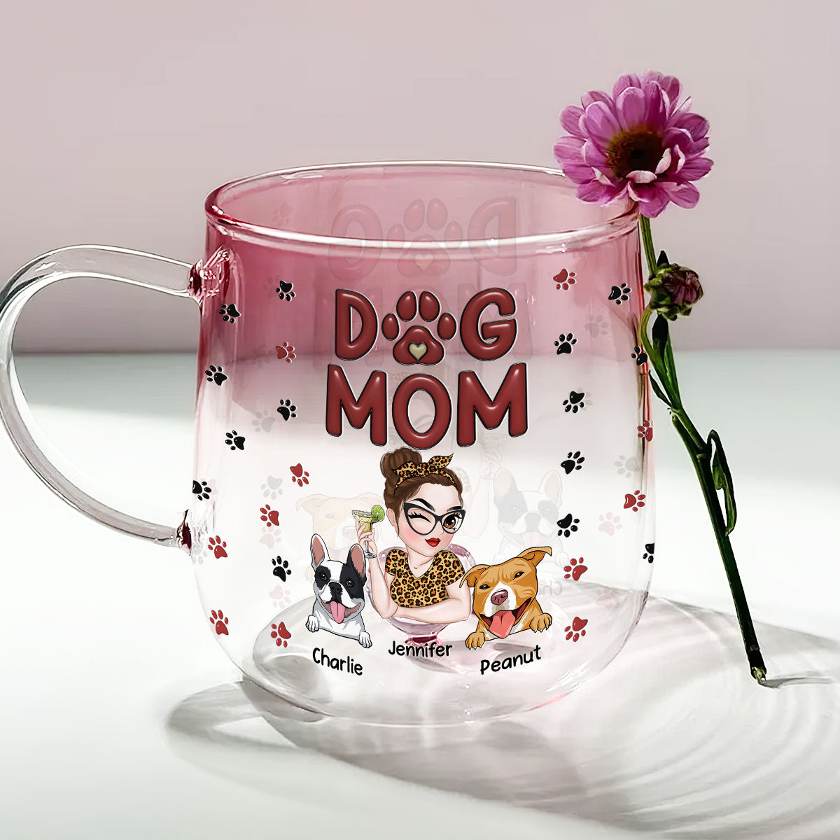 Charming Personalized Custom Pink Gradient Glass Mug for Dog Moms