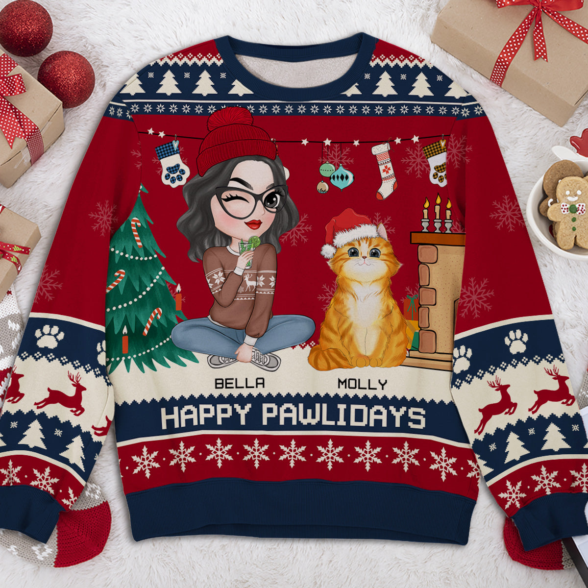 Snowy Pawlidays Cat - Personalized Custom All-Over-Print Unisex 8.8 oz Polyester Blend Sweatshirt