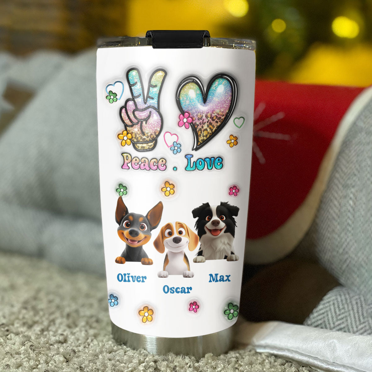 Peace Love Dog - Unique Personalized Custom 3D Inflated Effect 20oz Stainless Steel Tumbler