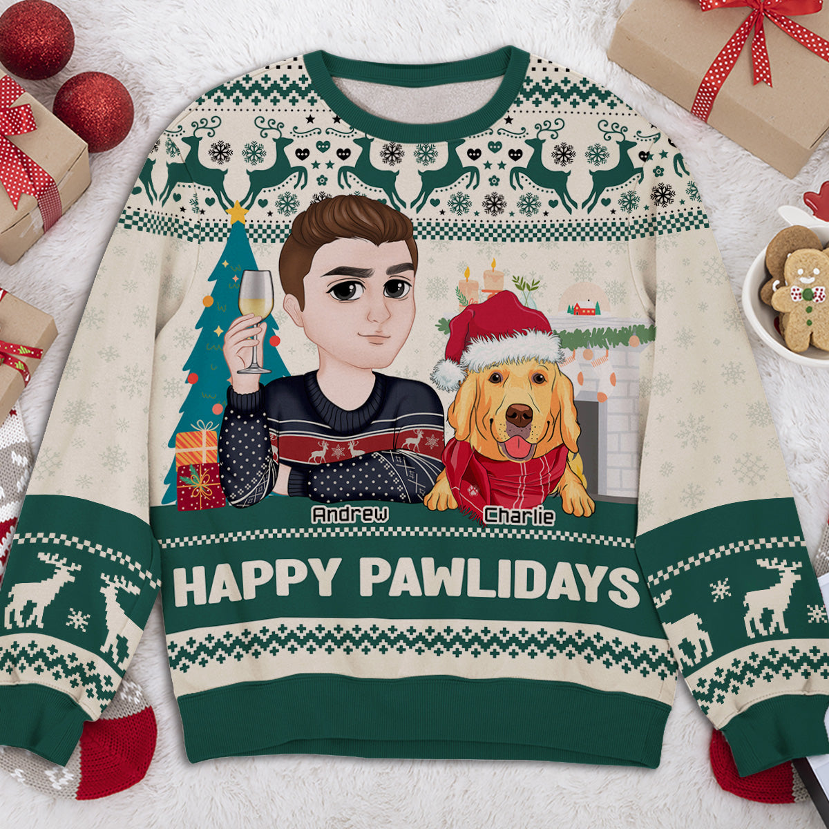 Happy Pawlidays Personalized Custom All-Over-Print Sweatshirt for Fur Moms - 8.8 oz Unisex Polyester Blend