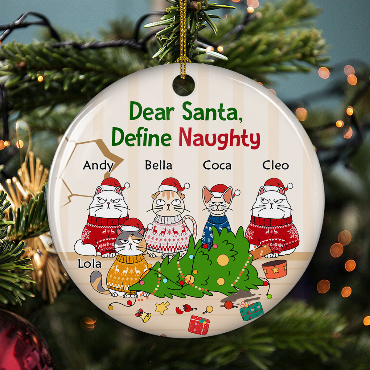 Santa Define Naughty Cats - Premium Personalized Custom Ceramic Christmas Ornament