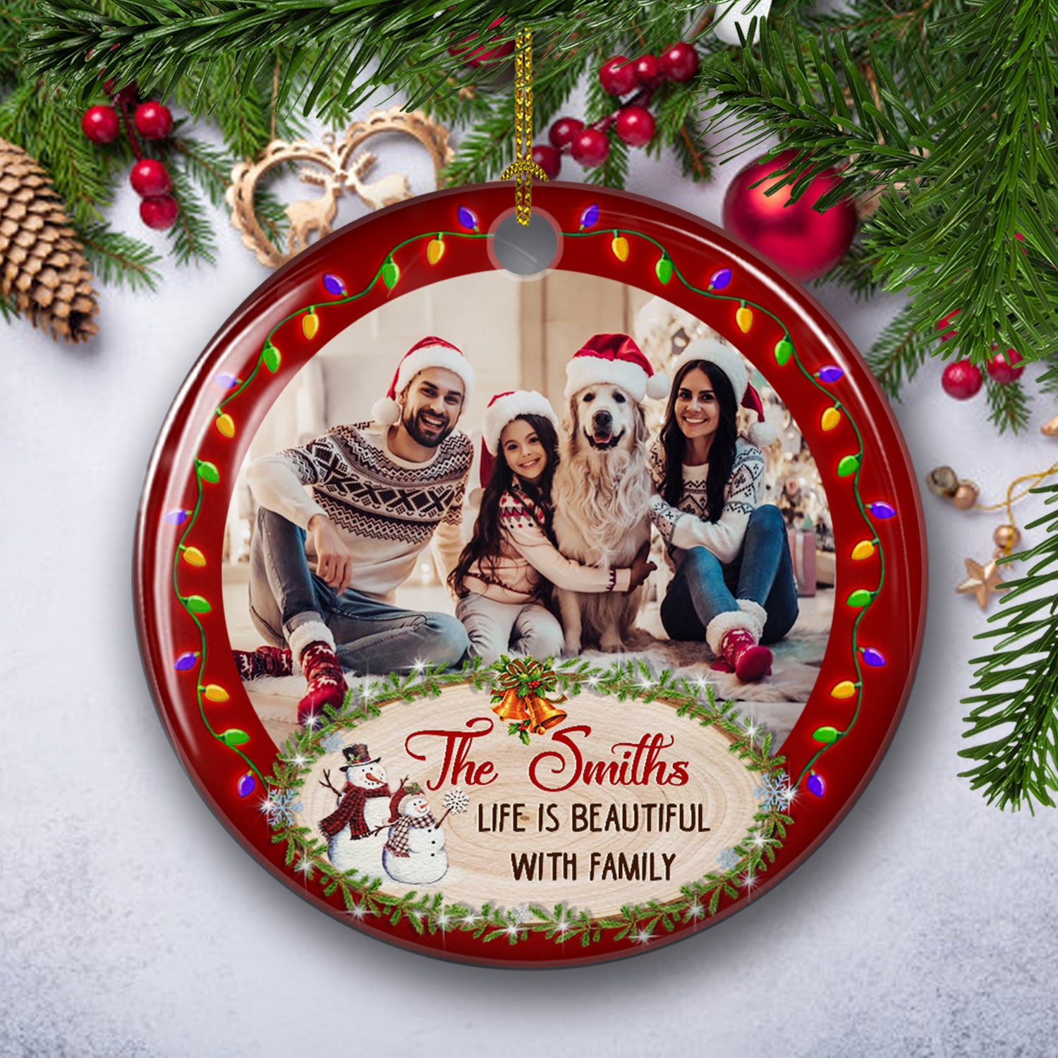 Life Is Beautiful - Personalized Custom Photo Circle Ceramic Ornament with Gloss Finish and Red Ribbon