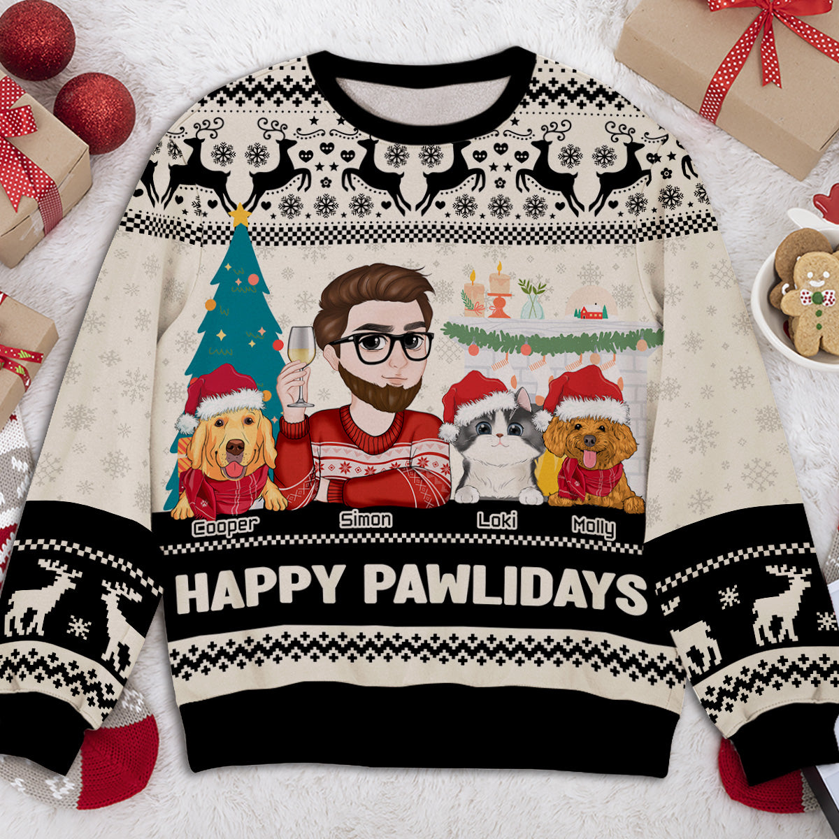 Happy Pawlidays Personalized Custom All-Over-Print Sweatshirt for Fur Moms - 8.8 oz Unisex Polyester Blend