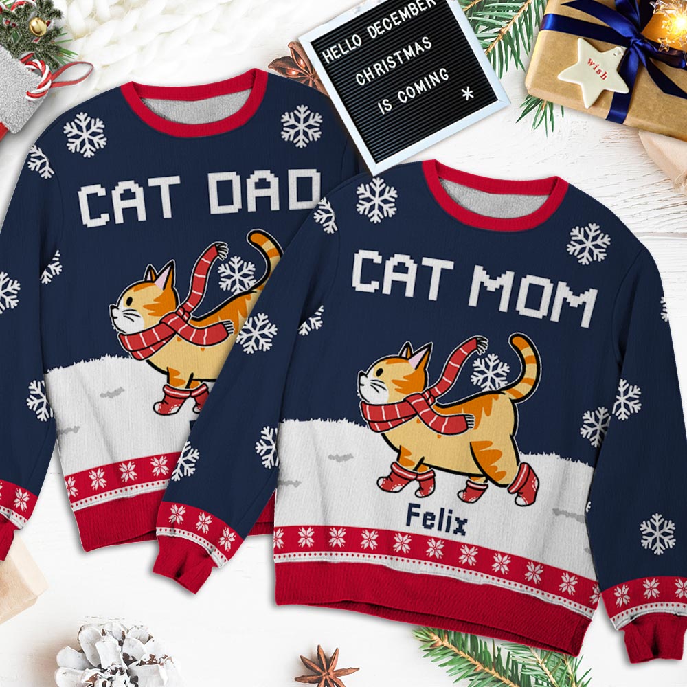 Unique Personalized Custom All-Over-Print Cat Dad/Mom Winter Sweatshirt - Ideal Gift for Pet Lovers