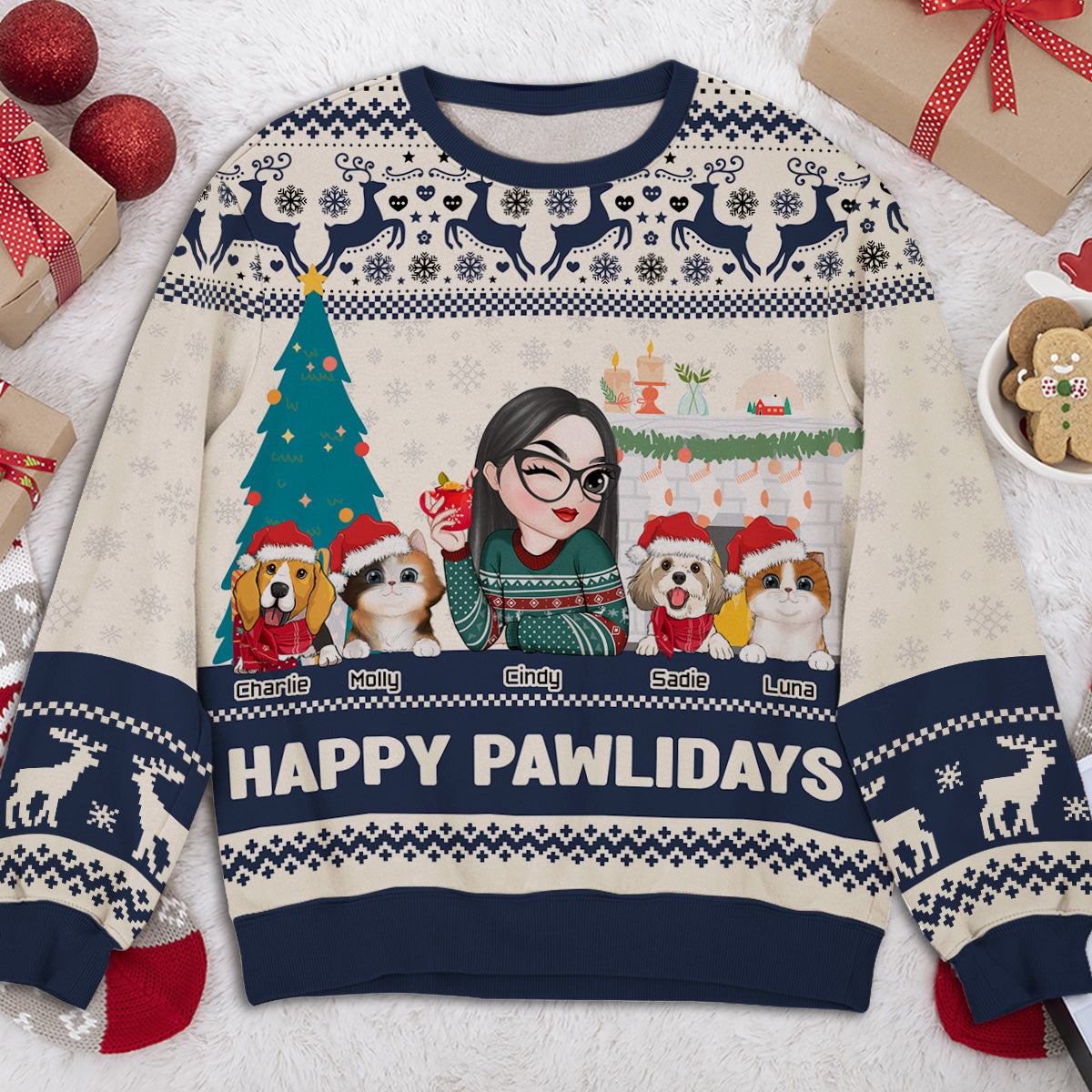 Happy Pawlidays Personalized Custom All-Over-Print Sweatshirt for Fur Moms - 8.8 oz Unisex Polyester Blend