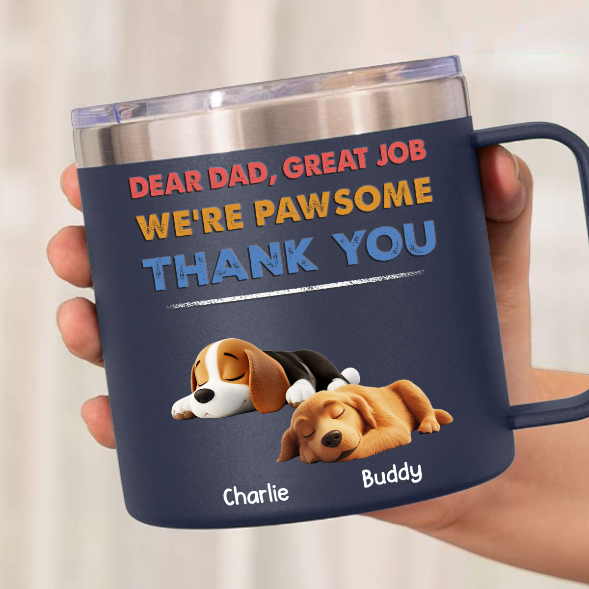 Dear Dad, I'm Pawsome - Personalized 14oz Custom Stainless Steel Tumbler with Handle for Cold and Hot Drinks