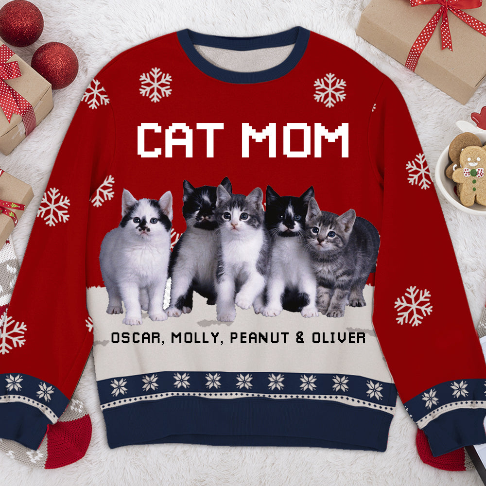 Personalized Custom All-Over-Print Cat Dad/Mom Winter Photo Sweatshirt - Ideal Gift for Pet Lovers