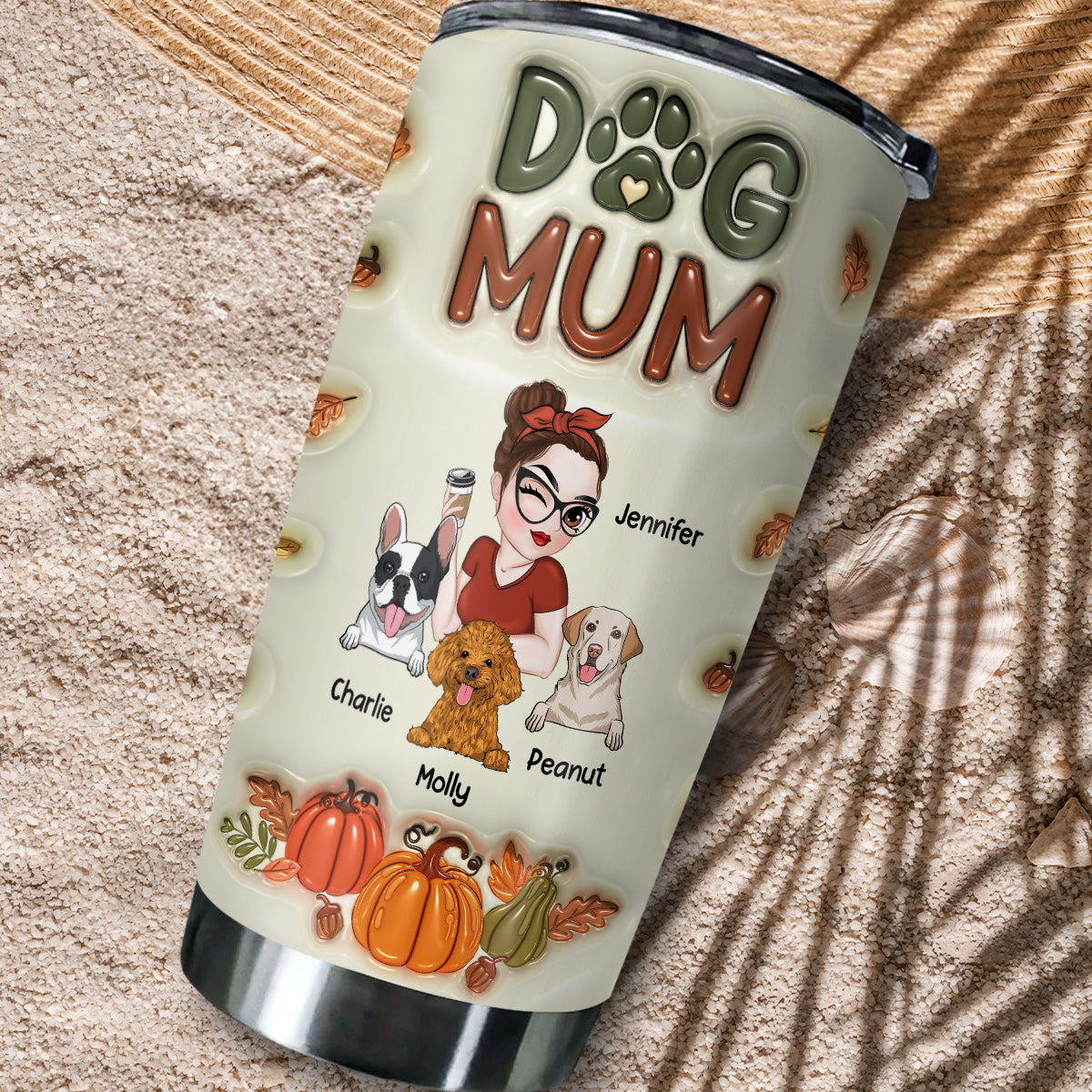 Dog Mom Autumn Edition - Personalized 3D Inflated Effect Custom Tumbler for Ultimate Drink Insulation