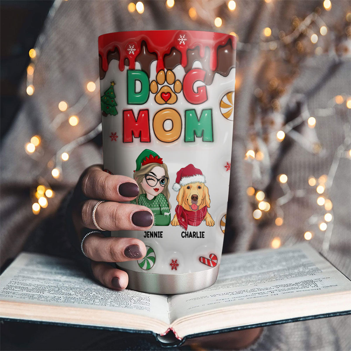 Happy Dog Mom Christmas - Personalized Custom 3D Inflated Effect 20oz Stainless Steel Tumbler