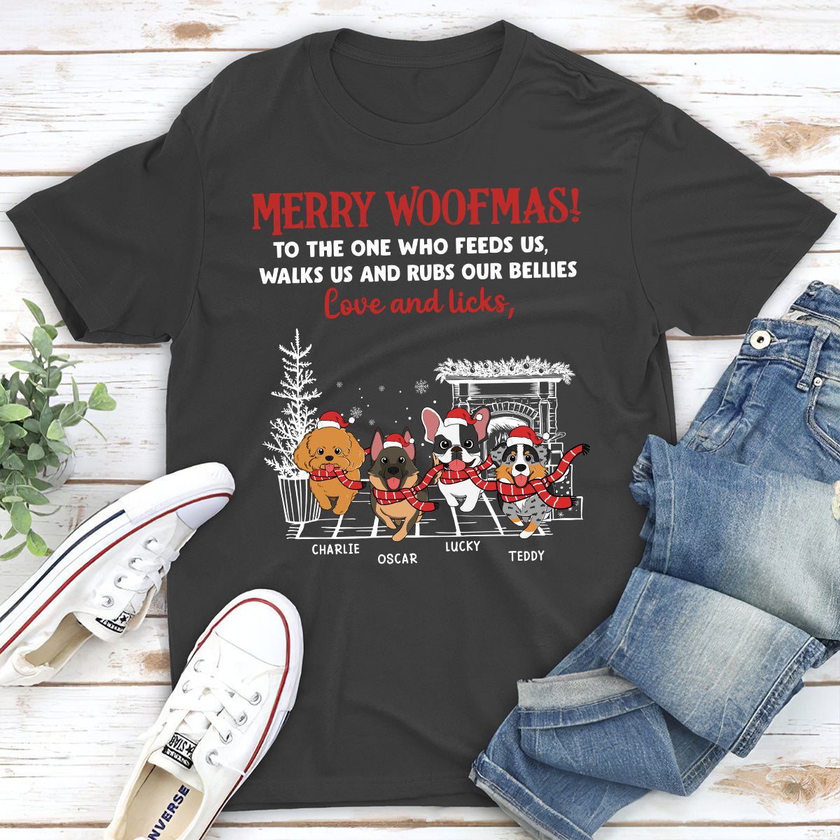 Love And Licks, Merry Woofmas - Personalized Custom Unisex 5.3 oz T-shirt for Pet Lovers
