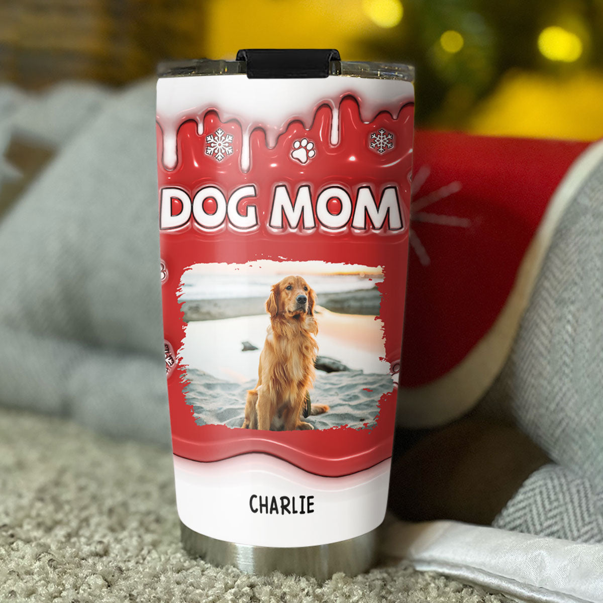 Customizable Christmas Personalized 3D Inflated Effect Mom Of Dogs Photo Tumbler - 20oz High - Quality Stainless Steel