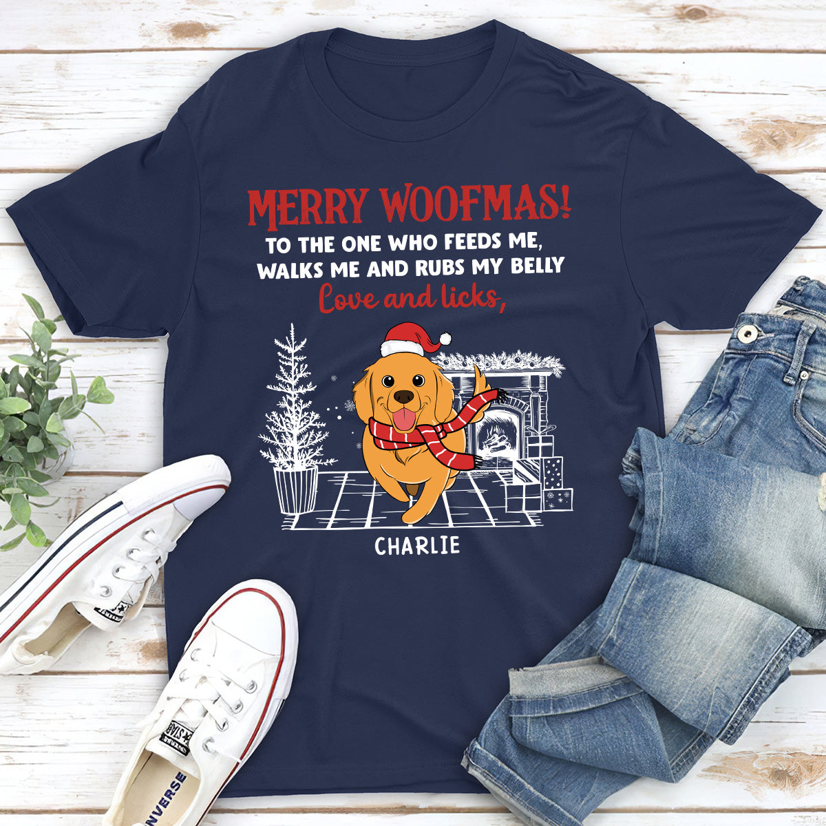 Love And Licks, Merry Woofmas - Personalized Custom Unisex 5.3 oz T-shirt for Pet Lovers