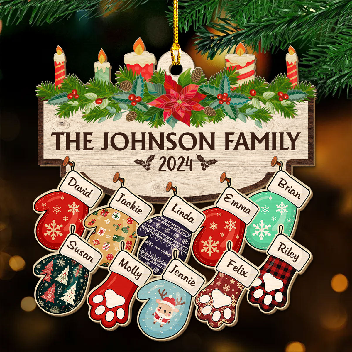 Family With Pet Version 2 - Customizable Personalized Wooden Christmas Ornament