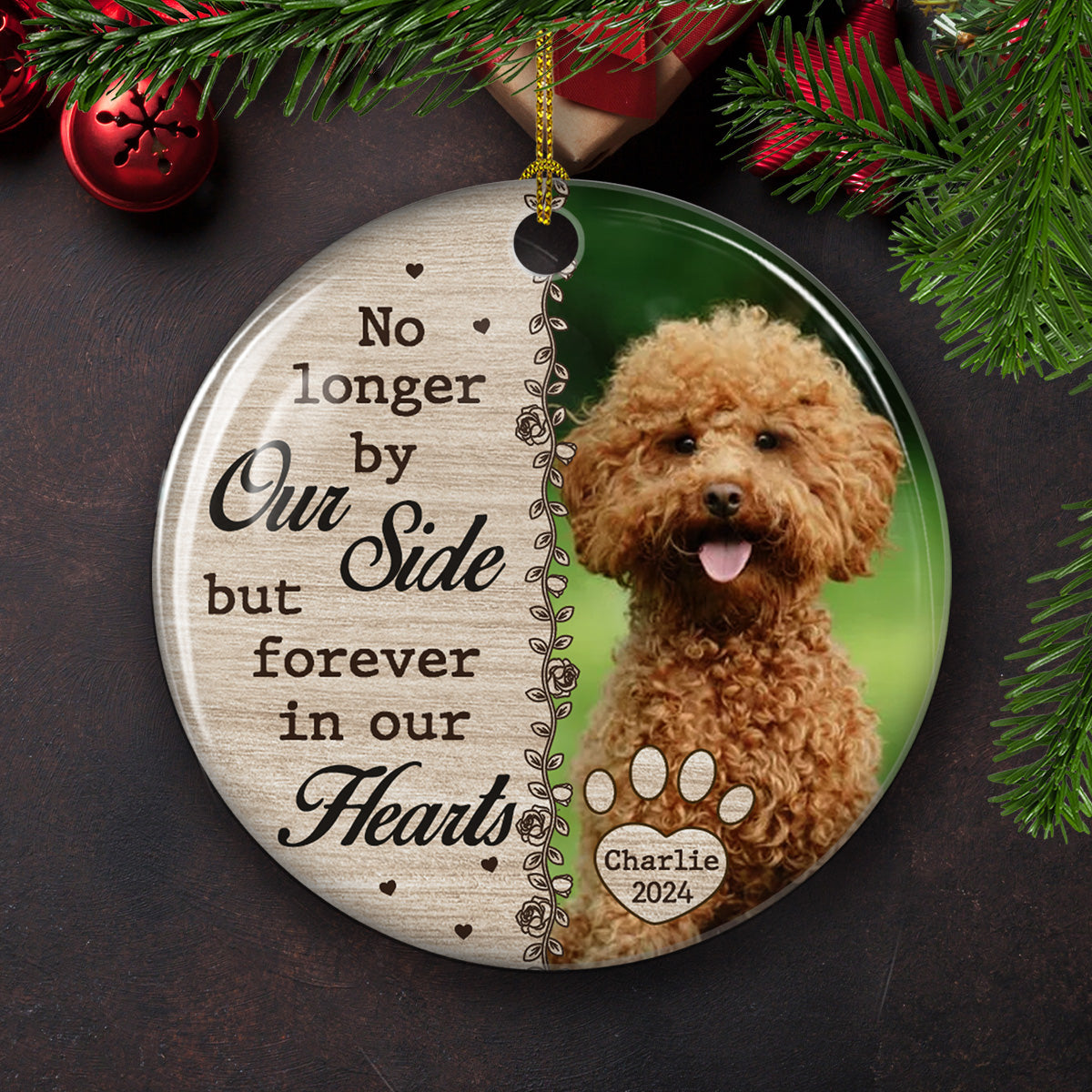No Longer By Our Side - Personalized Custom Circle Ceramic Christmas Ornament with Vibrant Colors