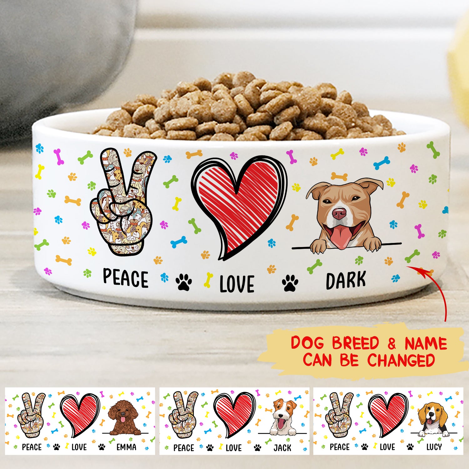 Customizable Peace Love Dog Personalized Pet Bowl - USA Printed