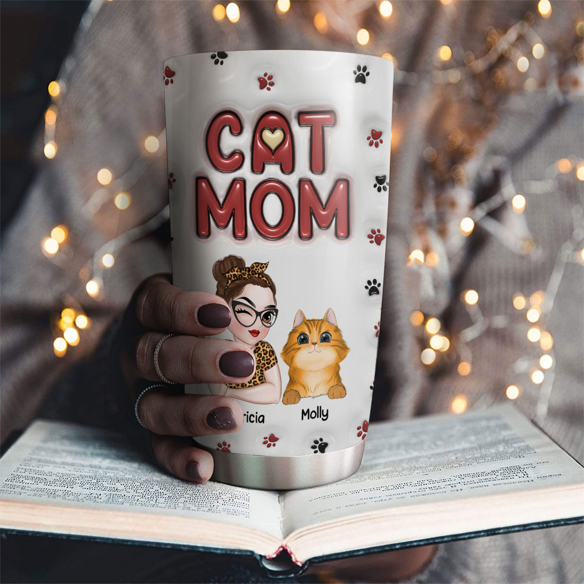 Lovely Cat Mom - Personalized Custom 3D Inflated Effect 20oz Stainless Steel Tumbler for Cold or Hot Drinks