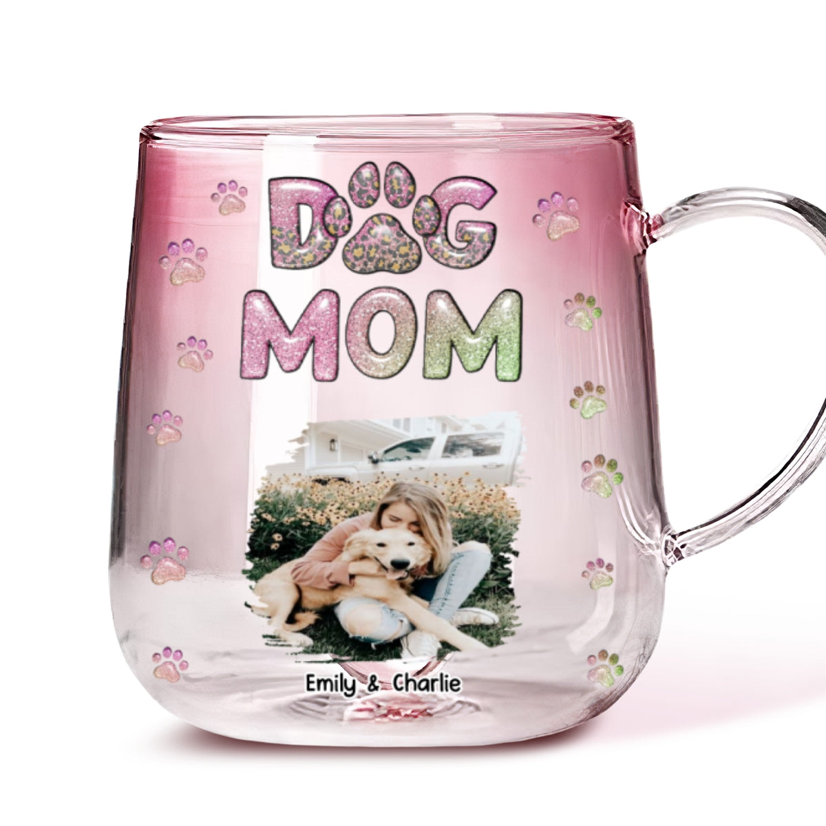 Dog Mom's Adorable Chibi Version Personalized Custom Pink Gradient Glass Mug for Coffee Lovers