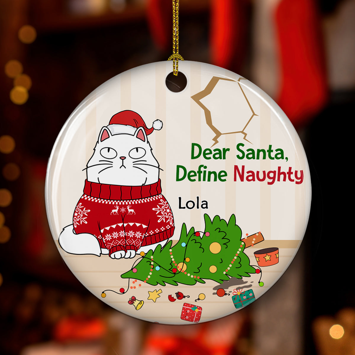 Santa Define Naughty Cats - Premium Personalized Custom Ceramic Christmas Ornament