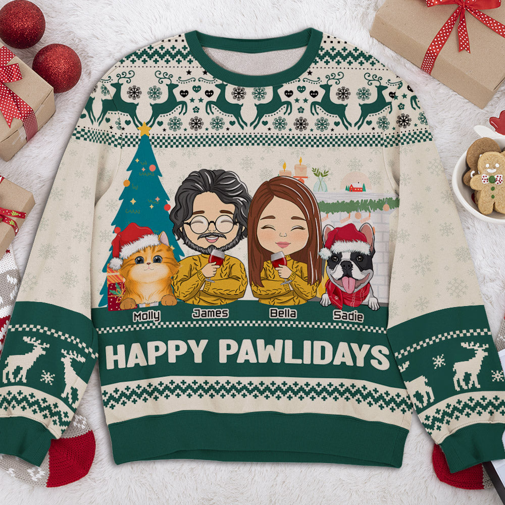 Pawlidays with Pets Couple - Personalized Custom All-Over-Print Unisex 8.8 oz Polyester Blend Sweatshirt for Pet Lovers