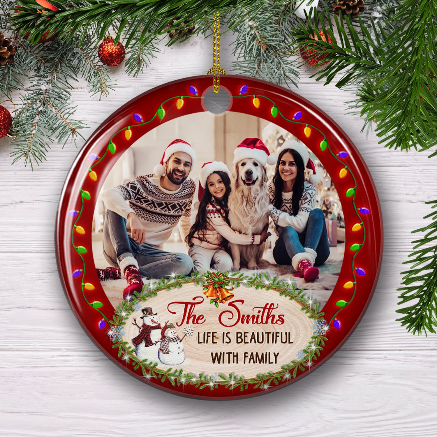 Life Is Beautiful - Personalized Custom Photo Circle Ceramic Ornament with Gloss Finish and Red Ribbon