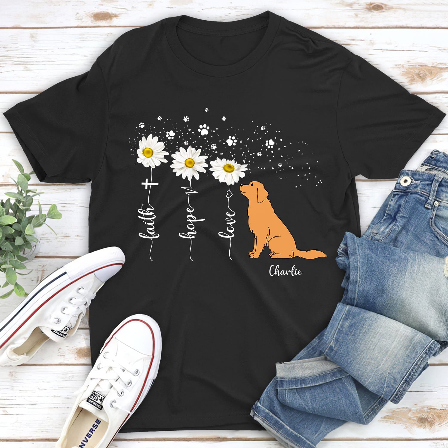 Faith Hope Love Flower - Personalized Custom Unisex 5.3 oz T-shirt for Pet Lovers