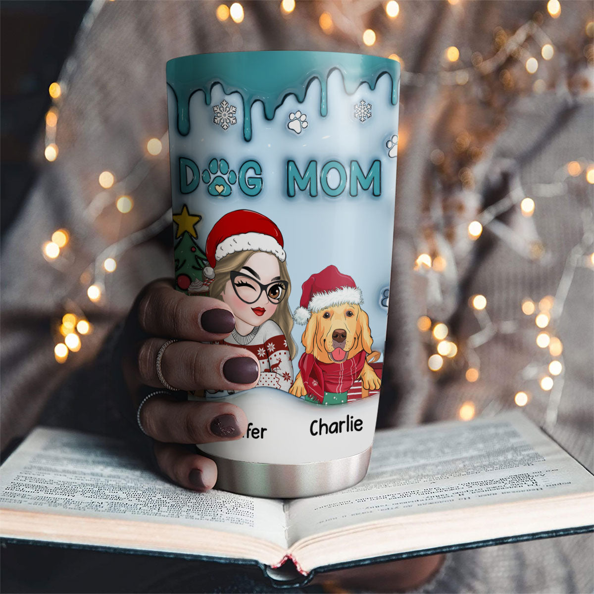 Adorable Dog Mom Christmas - Personalized Custom 3D Inflated Effect 20oz Stainless Steel Tumbler