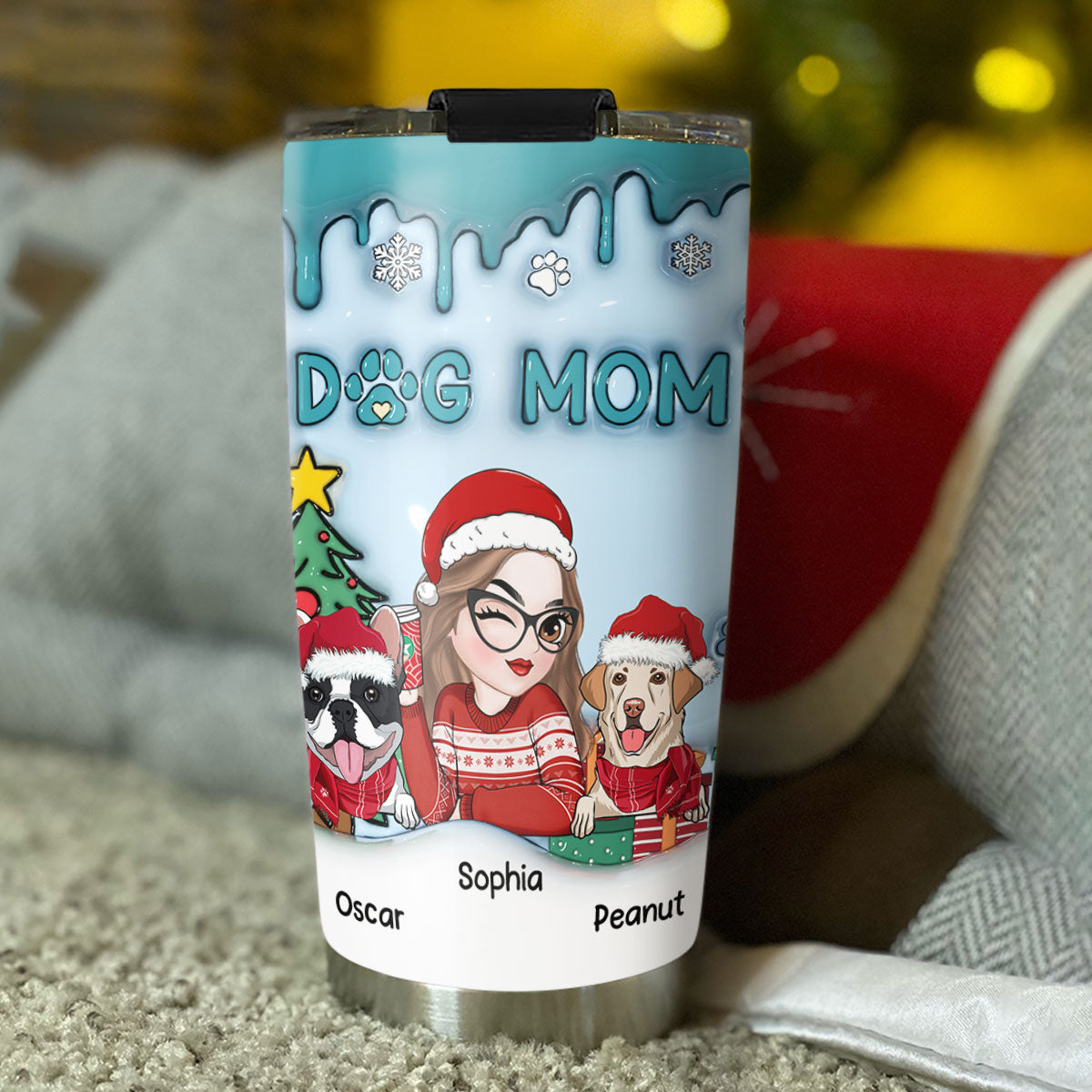 Adorable Dog Mom Christmas - Personalized Custom 3D Inflated Effect 20oz Stainless Steel Tumbler