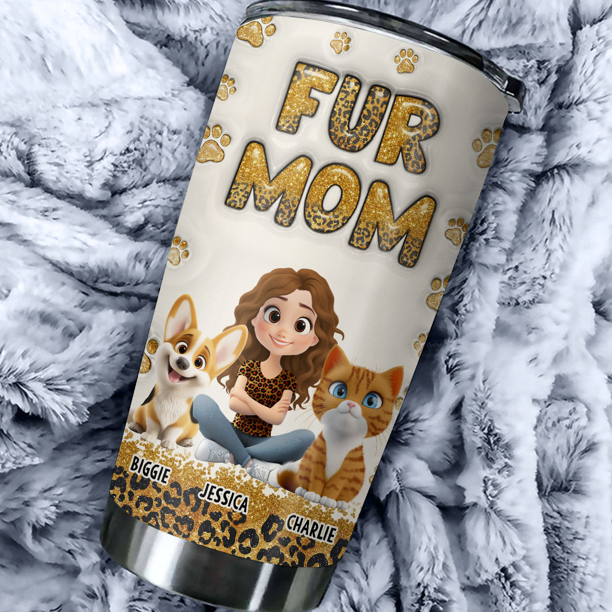 Fur Mom Leopard Personalized Custom 3D Inflated Effect 20oz Stainless Steel Tumbler