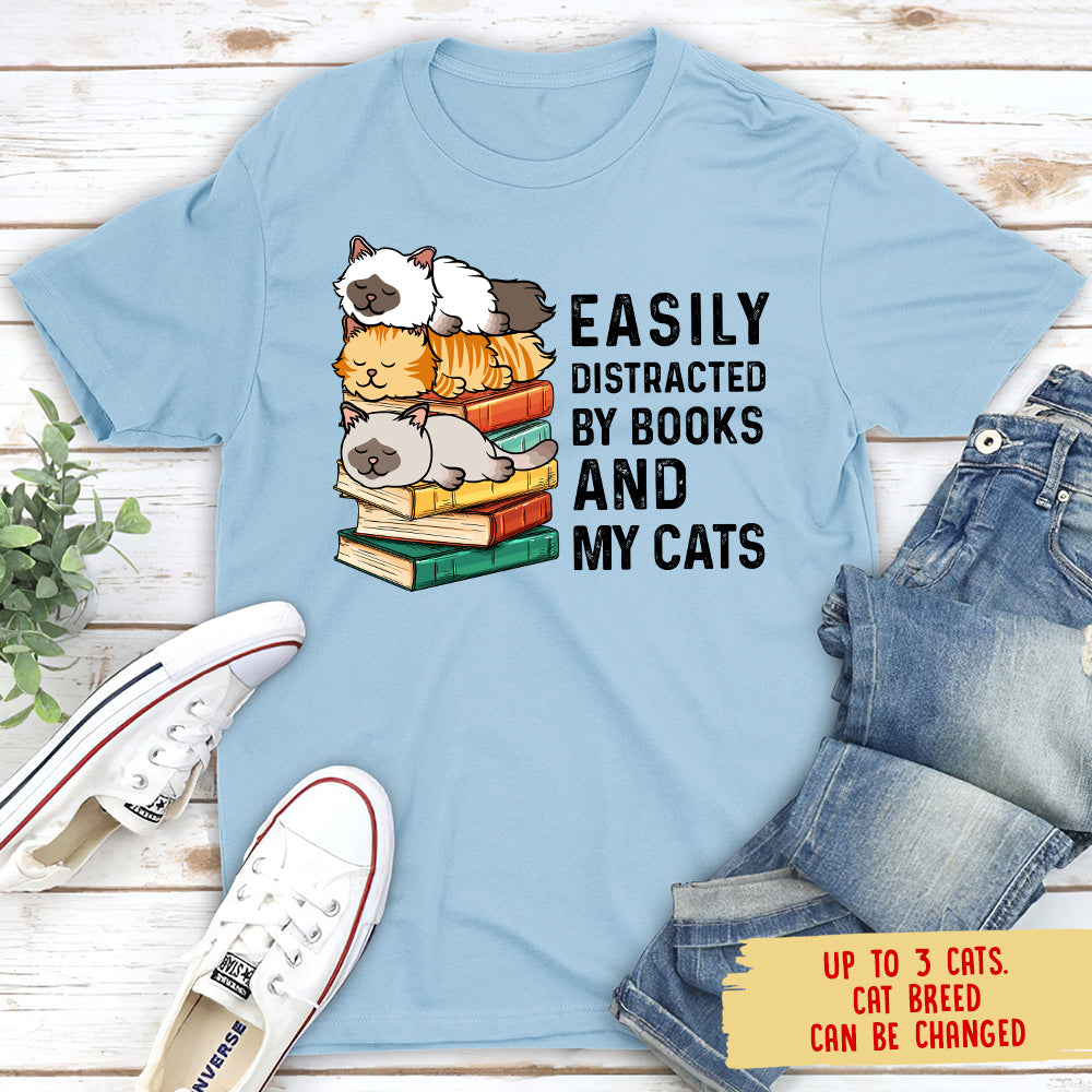 Easily Distracted By Books & Cats - Personalized Custom Unisex 5.3 oz T-shirt for Pet Lovers