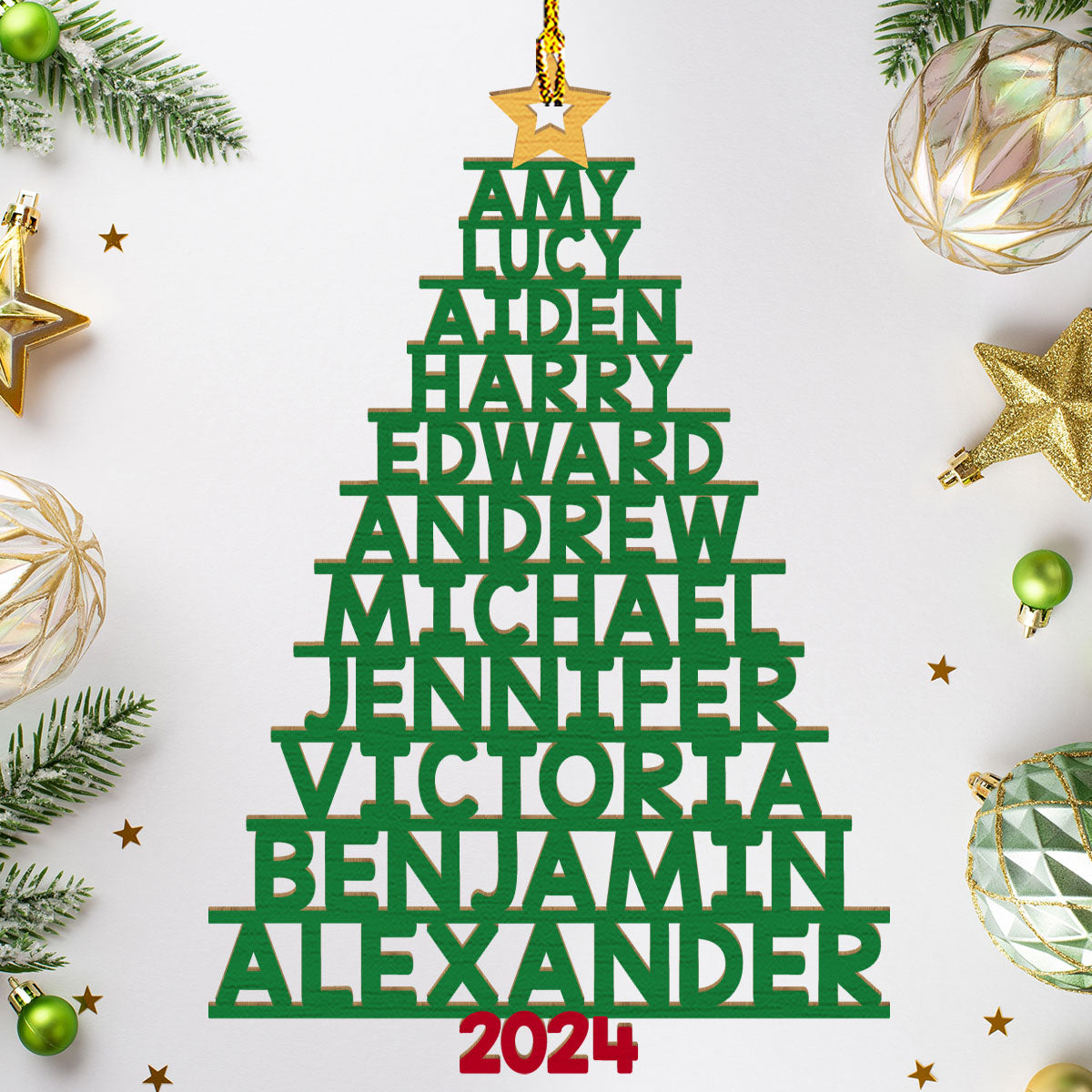 Customizable Family Names Christmas Tree Personalized 1 - Layered Wood Ornament (Version for 11 - 14 Names)