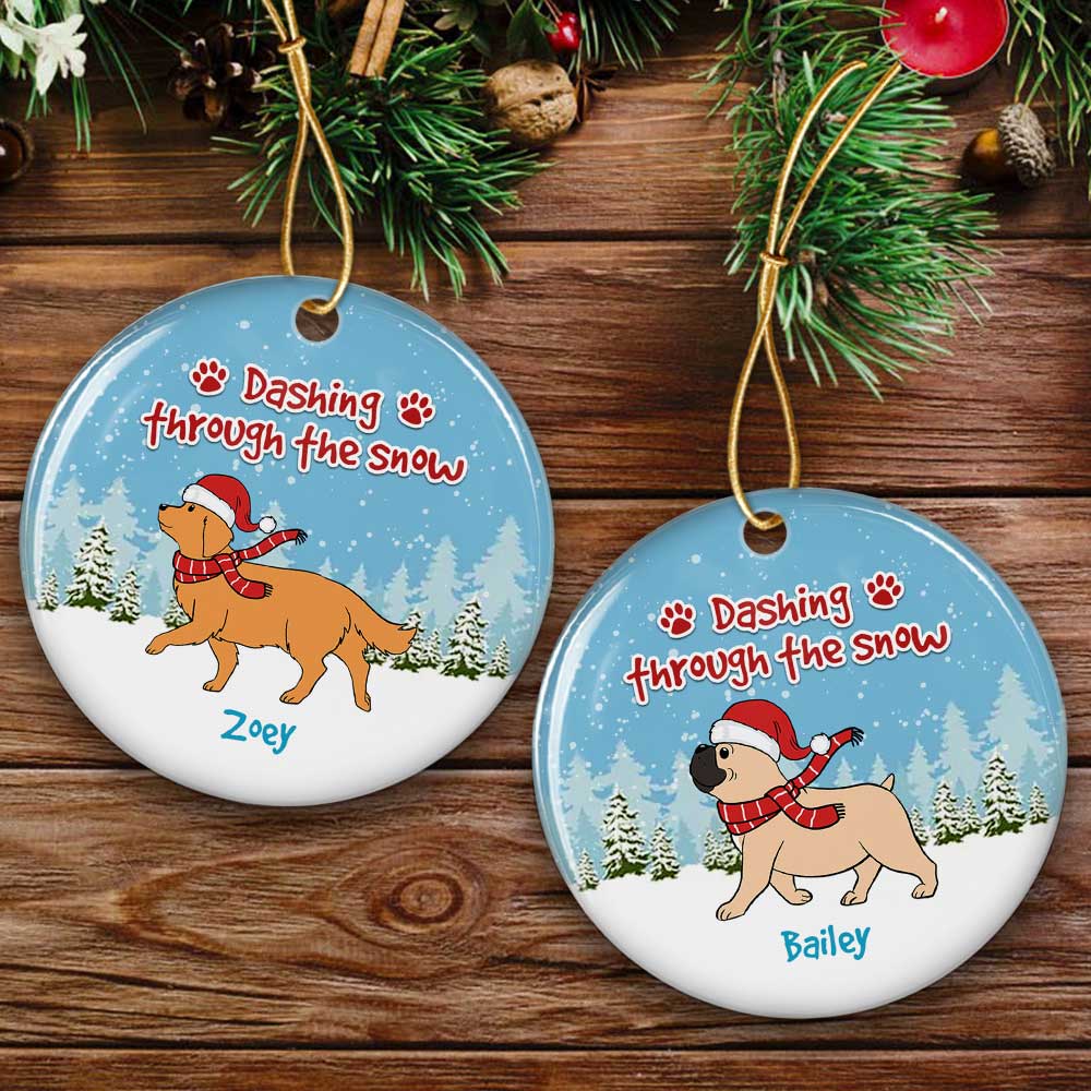 Dashing Through The Snow - Personalized Custom 3-Inch Diameter Circle Ceramic Christmas Ornament for Pet Lovers