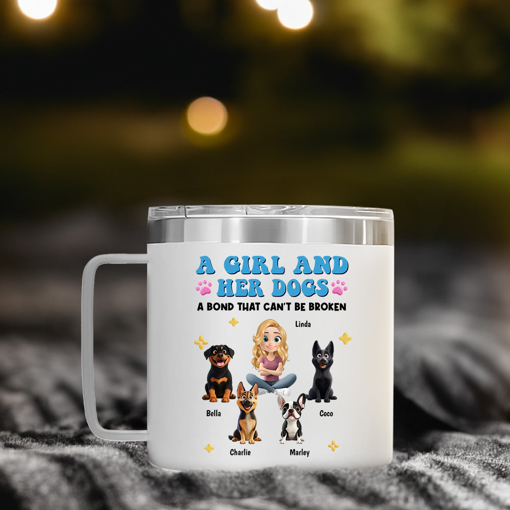 Personalized Custom 14oz Stainless Steel Tumbler with Handle - A Girl And Her Dogs Design