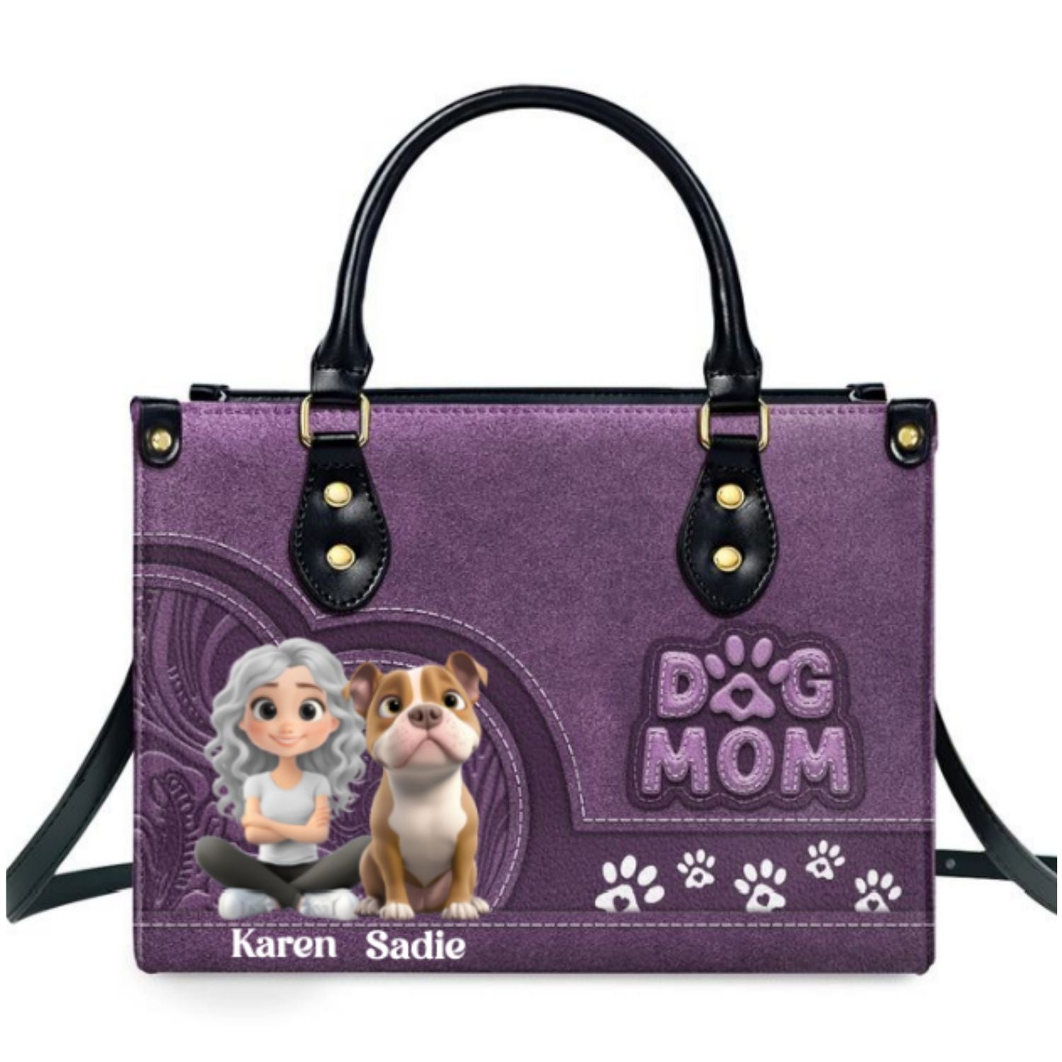 Adorable Chibi Cartoon Dog Mom Personalized Custom Leather Handbag