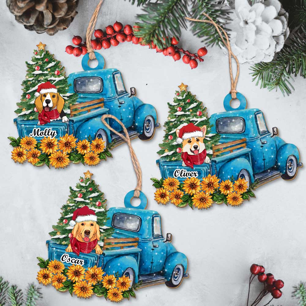 Blue Car Peeking Dog - Exquisite Personalized Custom 1-layered Wood Christmas Ornament