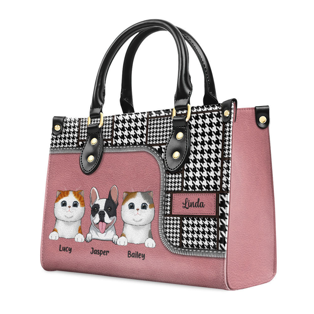 Personalized Custom Houndstooth Pattern Leather Handbag for Fur Baby Lovers