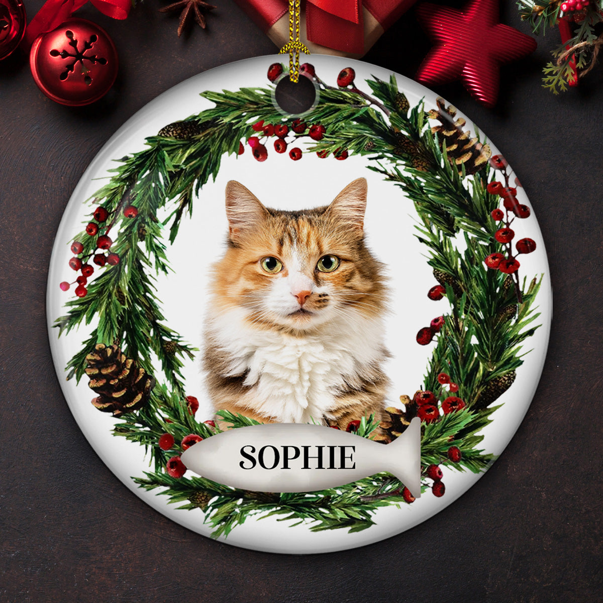 Custom Photo Adorable Pet Face - Personalized Custom Circle Ceramic Christmas Ornament