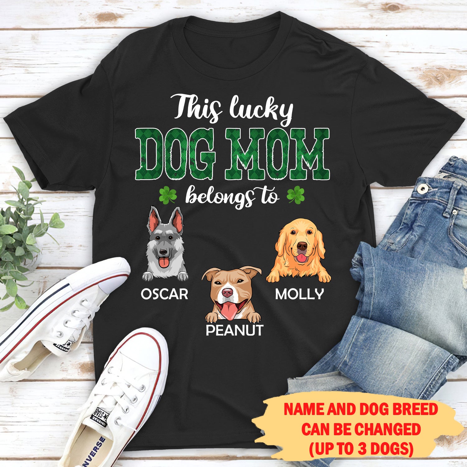 This Lucky Dog Mom Belongs To - Personalized Custom Unisex 5.3 oz Heavy Cotton T-shirt