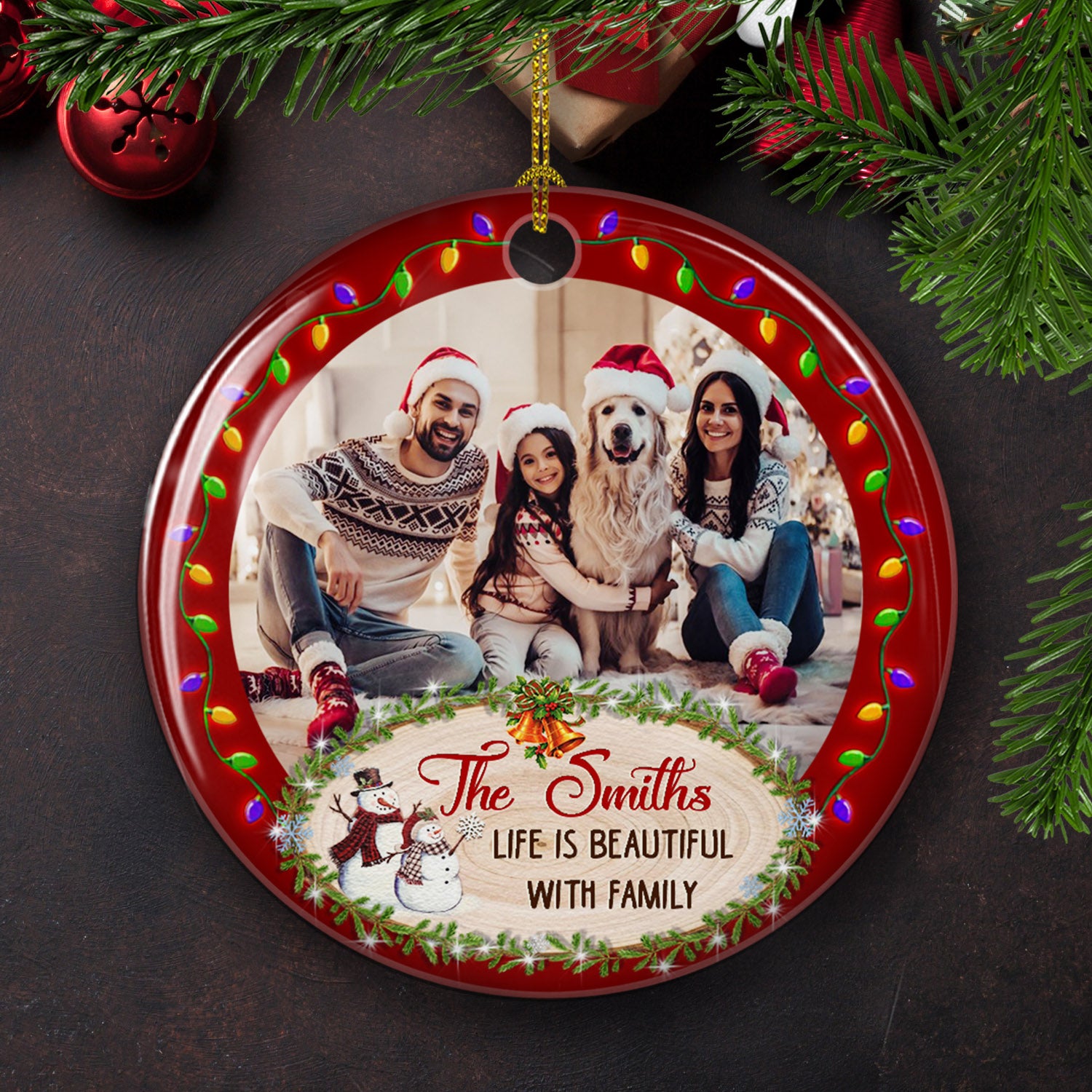Life Is Beautiful - Personalized Custom Photo Circle Ceramic Ornament with Gloss Finish and Red Ribbon