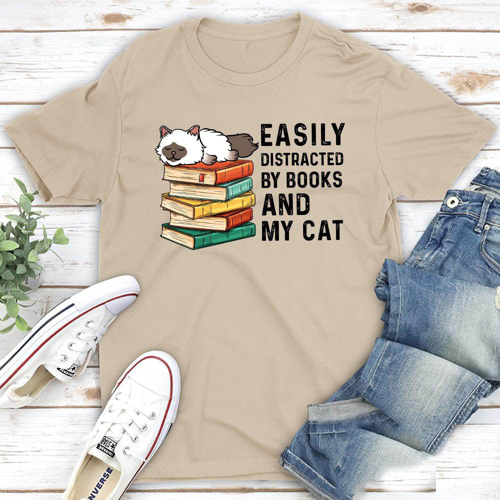 Easily Distracted By Books & Cats - Personalized Custom Unisex 5.3 oz T-shirt for Pet Lovers