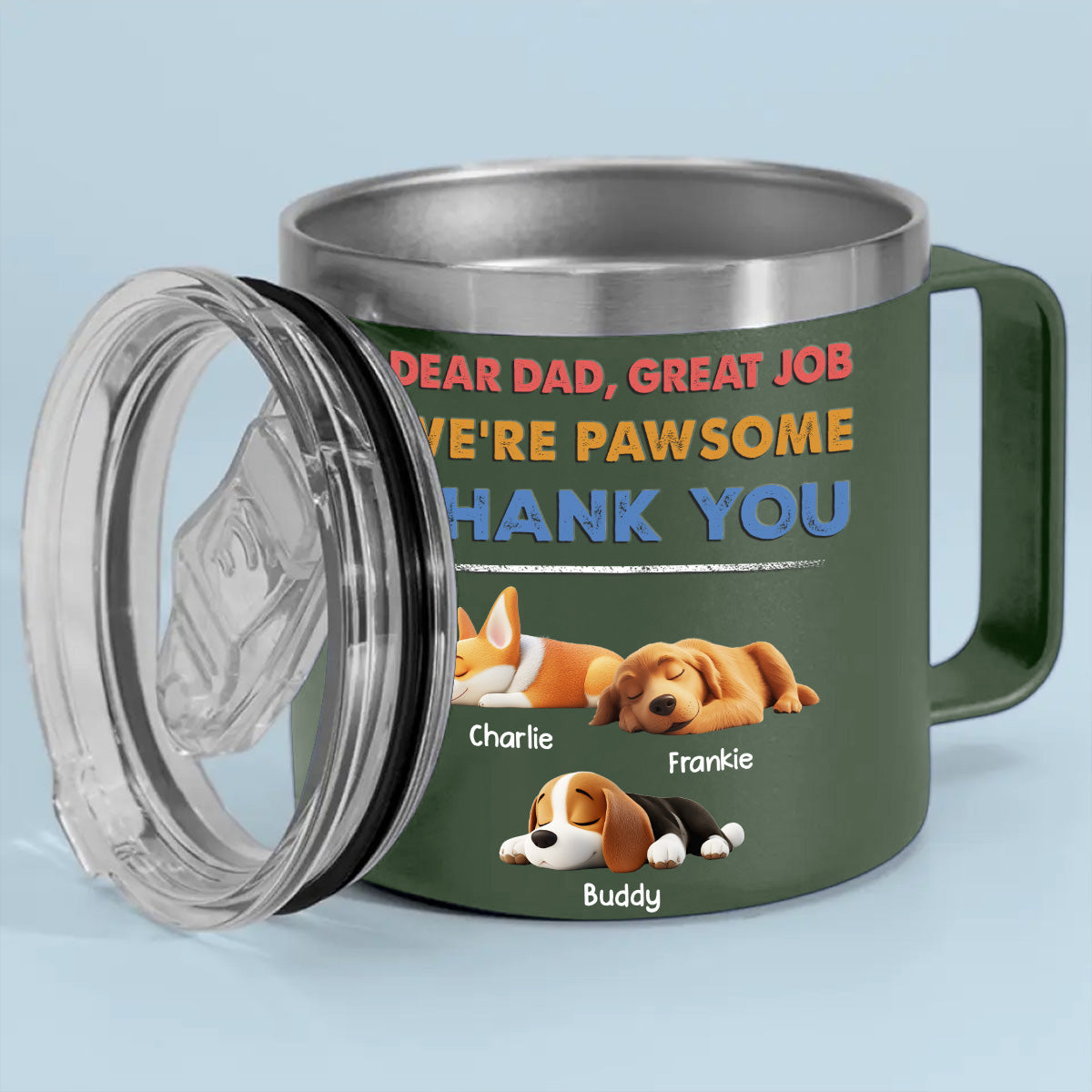 Dear Dad, I'm Pawsome - Personalized 14oz Custom Stainless Steel Tumbler with Handle for Cold and Hot Drinks