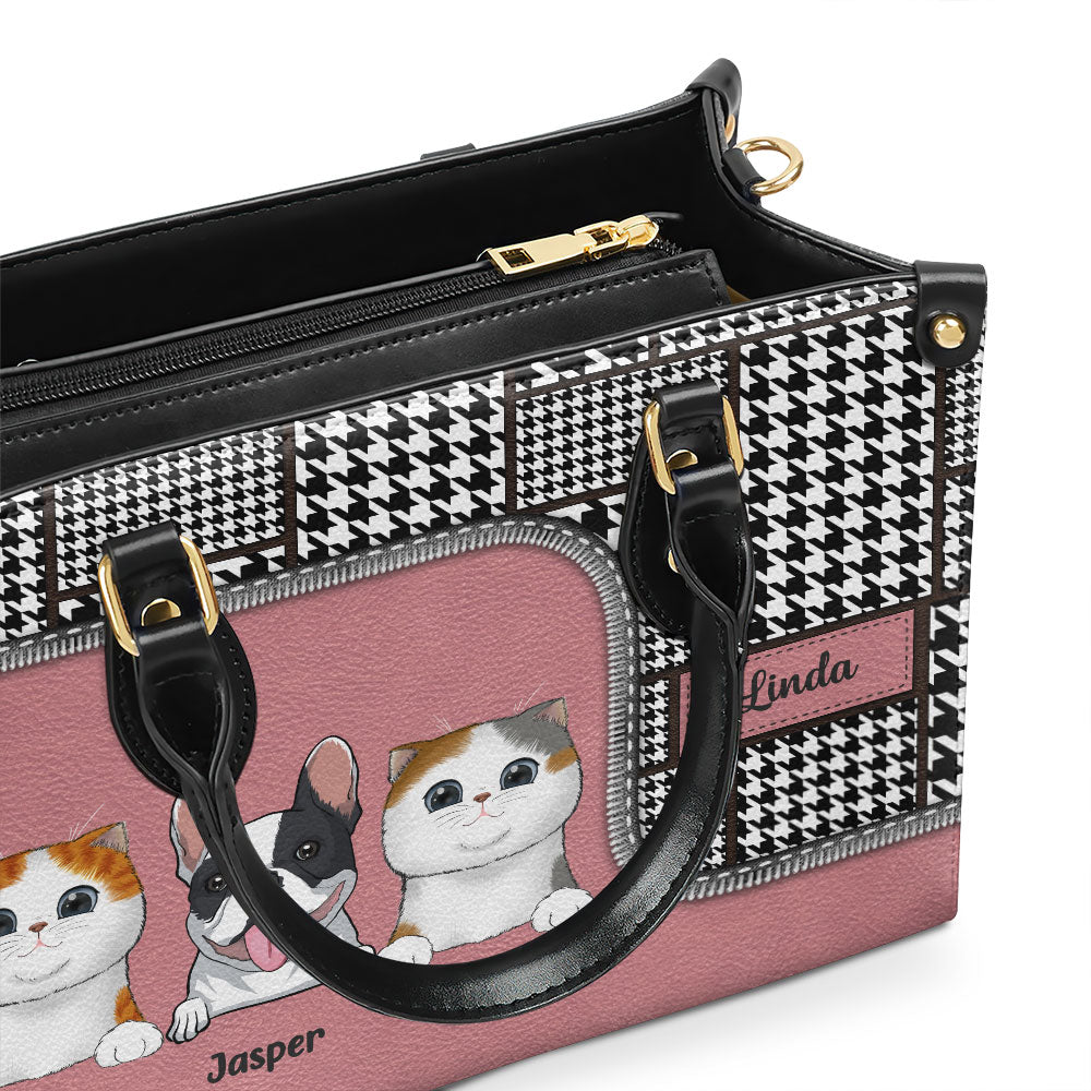 Personalized Custom Houndstooth Pattern Leather Handbag for Fur Baby Lovers